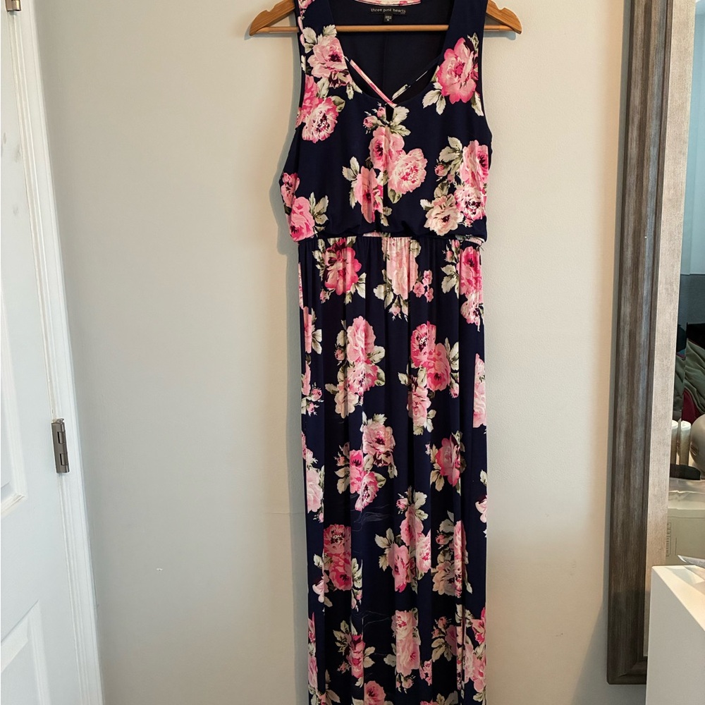 Three Hearts Navy Maxi Dress with Pink Floral Print - Picture 1 of 2